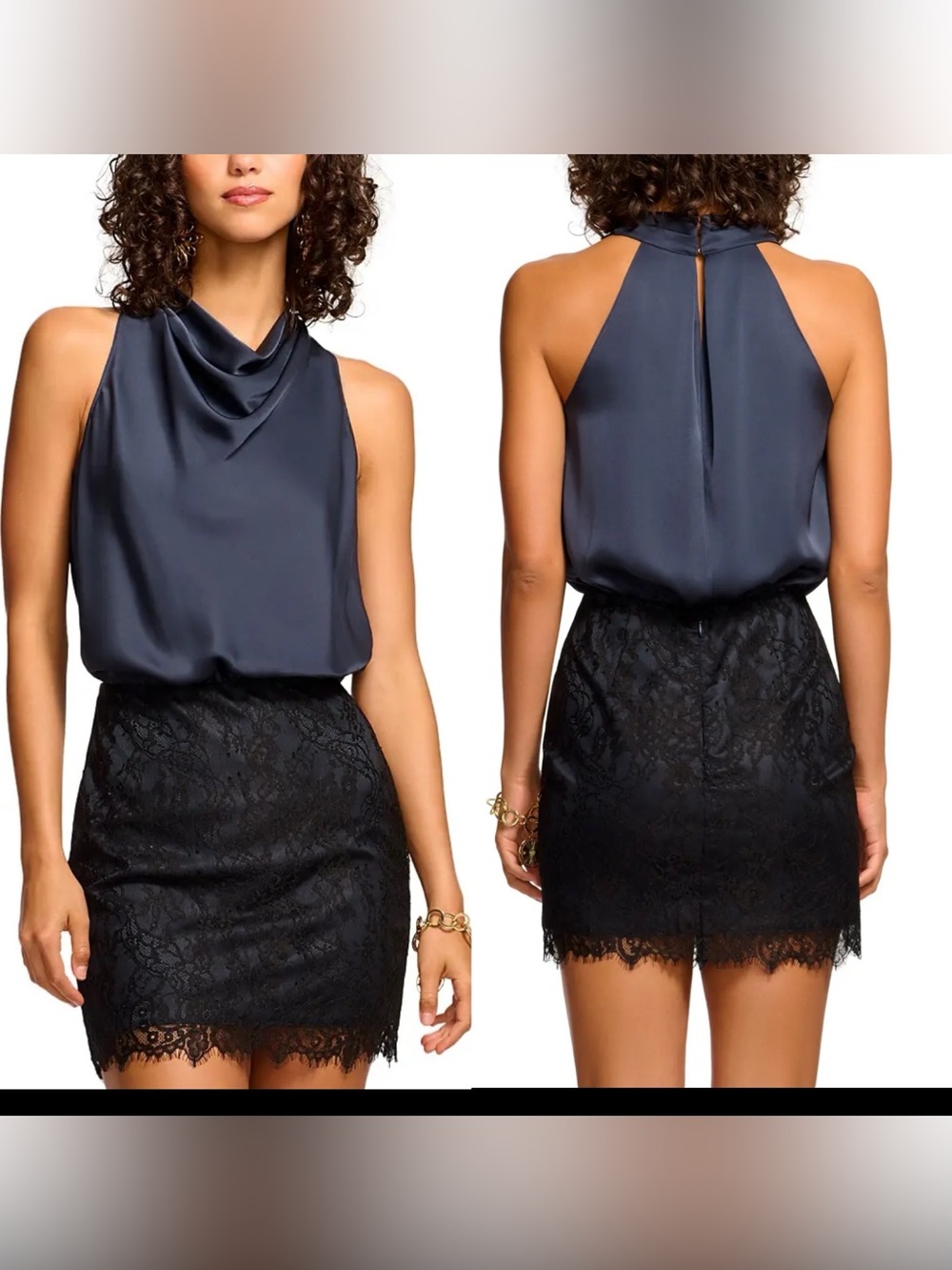 Ramy Brook Magdalena Dress Navy Blue Black Cowl Neck Lace Skirt Mini Women 8 NEW